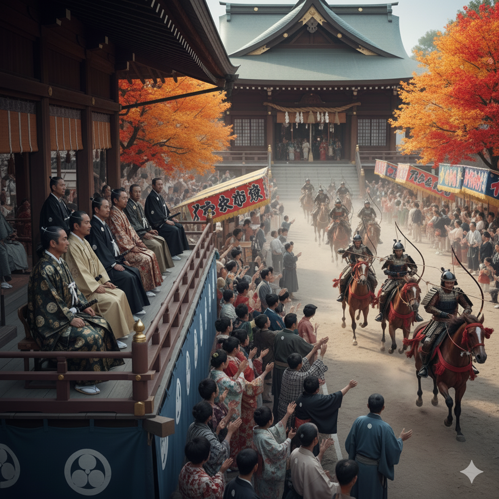 武家装束の人物が並び、騎馬の武者が進む神社の情景のイメージ画像