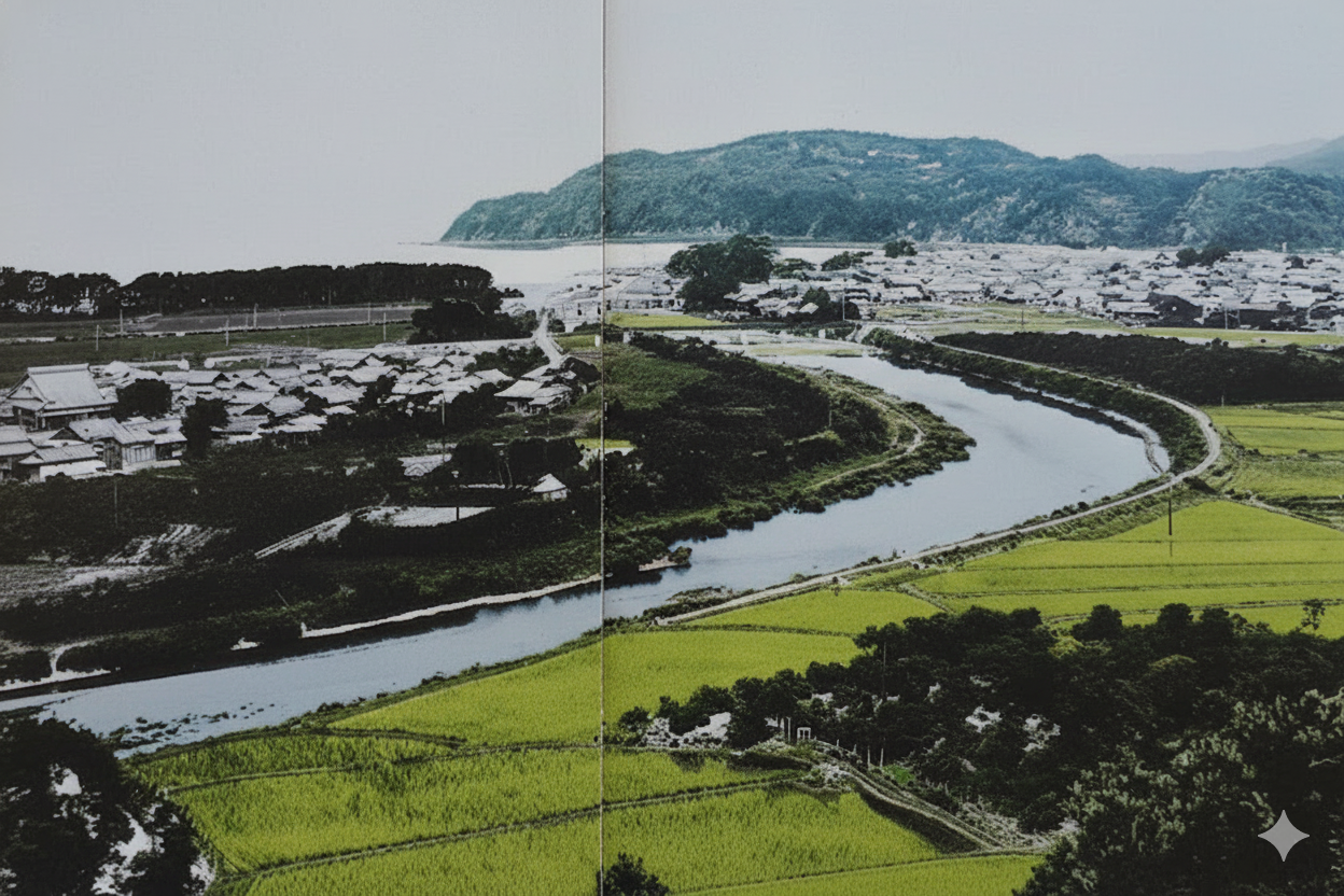 湯浅の湊(みなと)の古写真。埋め立て前の海岸線に多くの小舟が見える