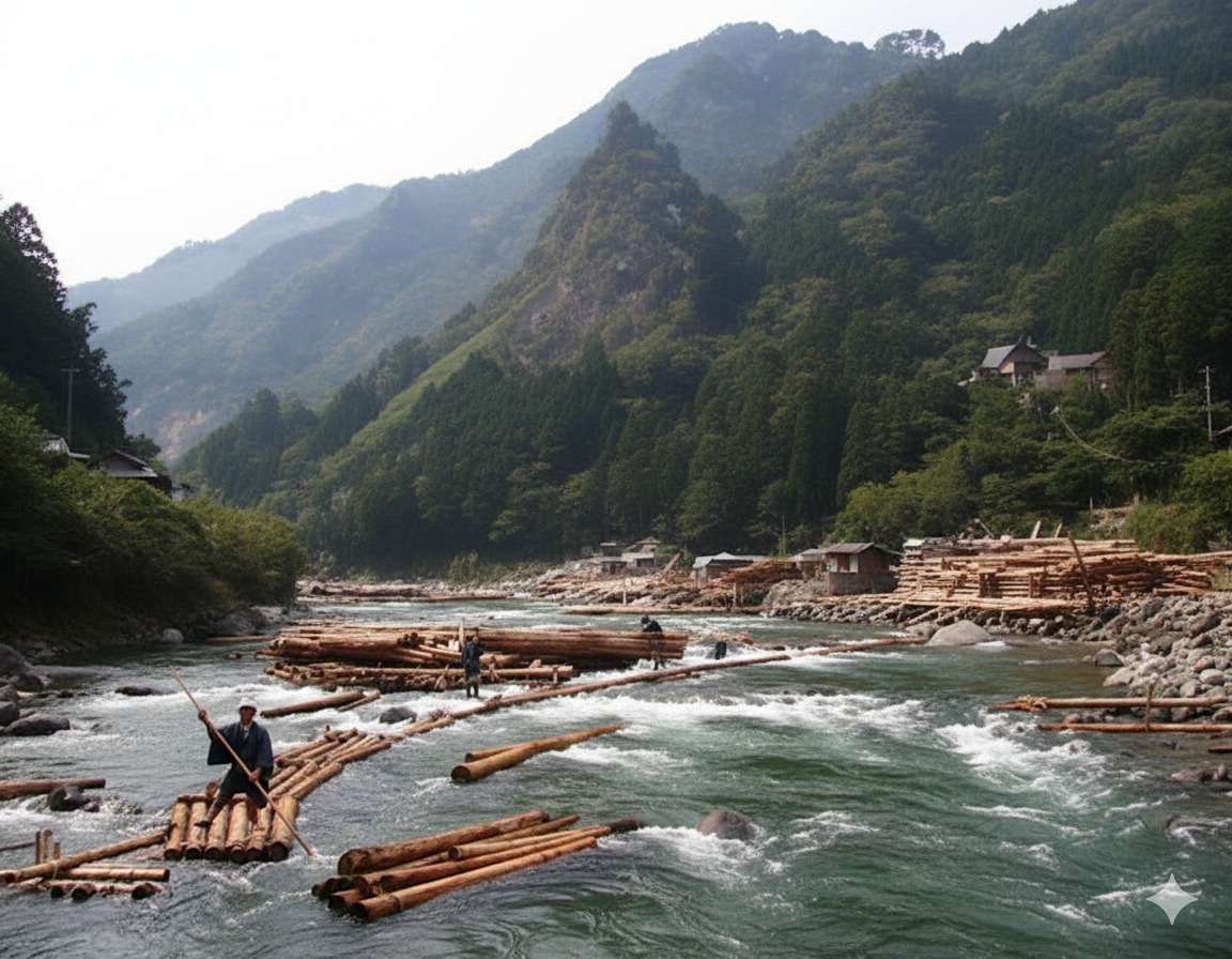 清水の材木を川流しで