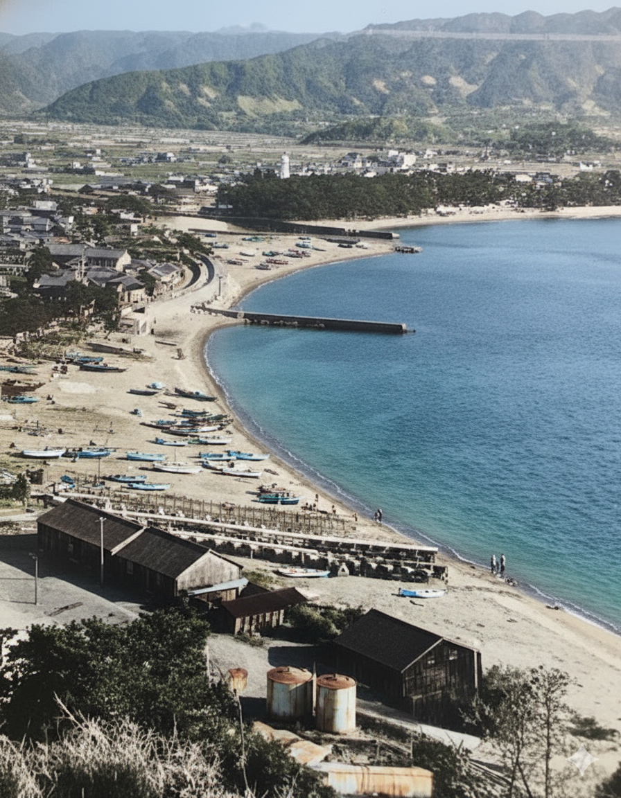 湯浅の湊(みなと)の古写真。埋め立て前の海岸線に多くの小舟が見える