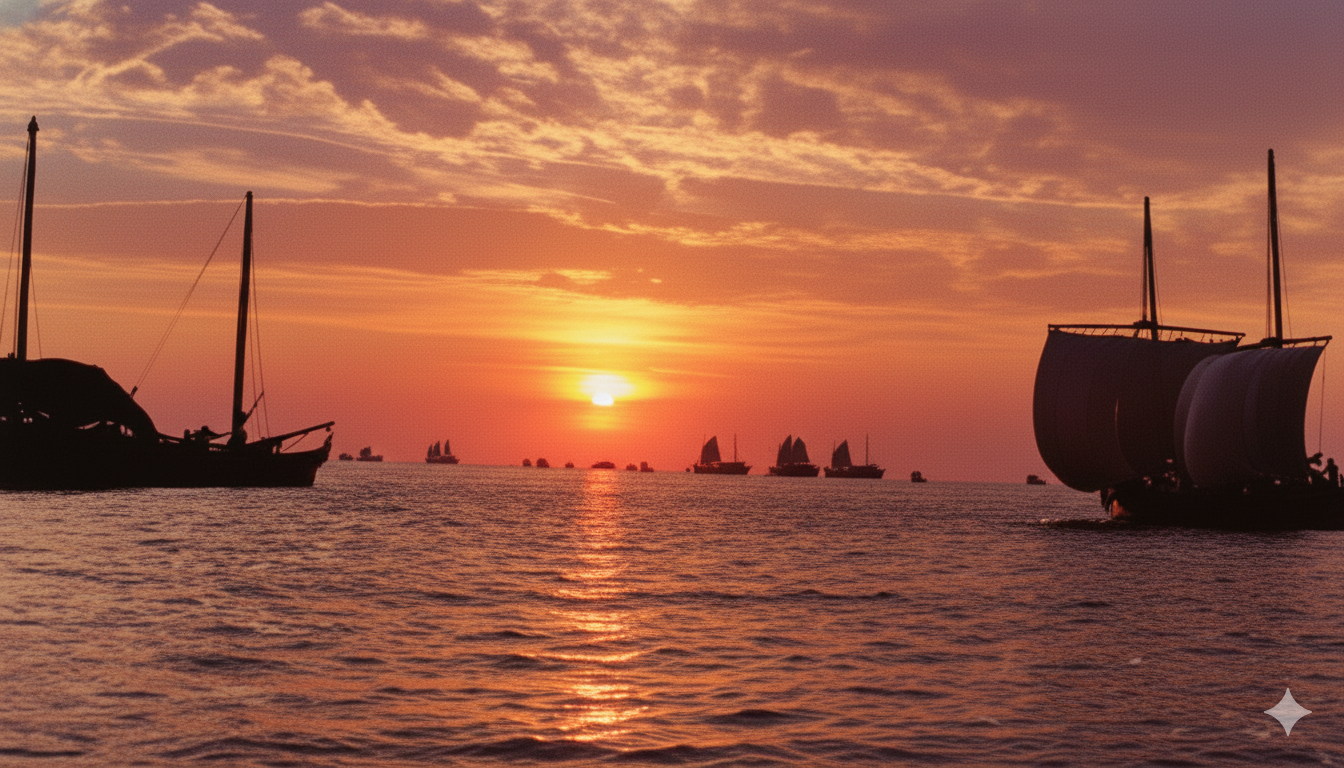 夕日に照らされてシルエットになった複数の打瀬船