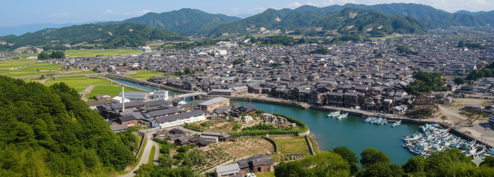 栖原坂の上から湯浅の街並み(醤油蔵)を一望するパノラマ写真